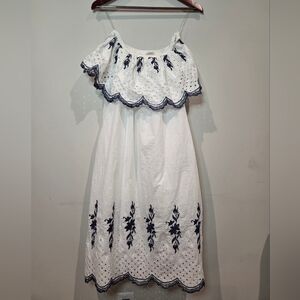 Coastal White Dress with Navy Embroidery